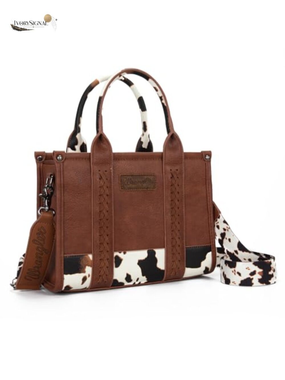 Cow Print Faux Leather Top Handle Satchel Tote Purse with Whipstitch